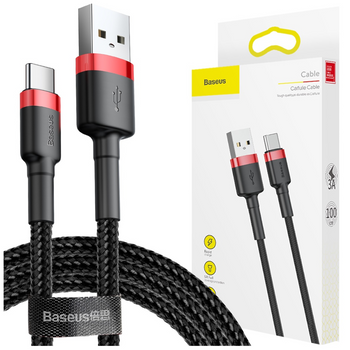 Baseus Cafule Cable wytrzymały nylonowy kabel przewód USB / USB-C QC3.0 2A 2M czarno-czerwony (CATKLF-C91)