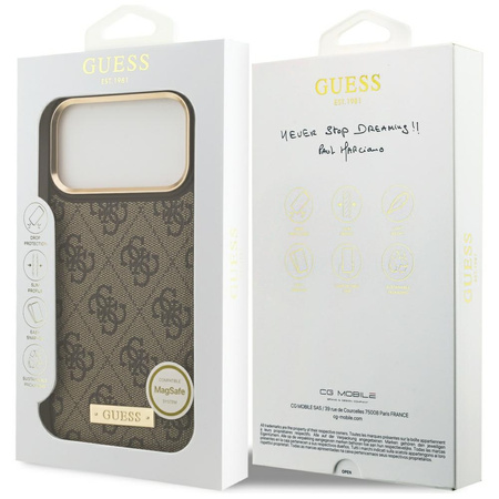Etui Guess 4G Logo Plate MagSafe do iPhone 17 Pro Max brązowy