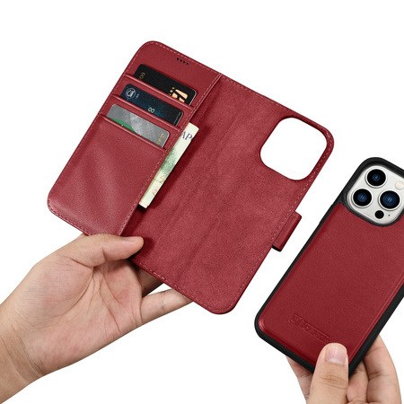 iCarer Wallet Case 2in1 etui iPhone 14 Pro skórzany pokrowiec z klapką Anti-RFID czerwony (WMI14220726-RD)
