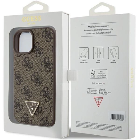 Etui Guess Leather 4G Triangle Strass do iPhone 15 - brązowe