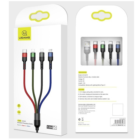 USAMS KABEL PLECIONY 4W1 DO DO LIGHTNING MICROUSB USB-C 0.35M ŁADOWANIE