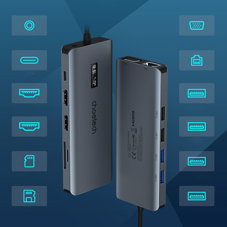 Choetech HUB wielofunkcyjny z wyświetlaczem 12w1 USB-C do USB-C / USB-A / HDMI / VGA / AUX / SD / TF szary (HUB-M26)