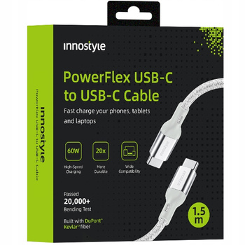 INNOSTYLE POWERFLEX KABEL USB-C SZYBKIE ŁADOWANIE DO IPHONE SAMSUNG 3A 60W KEVLAR 2M SREBRNY