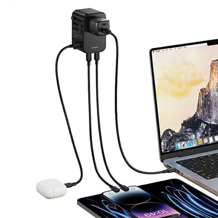 USAMS Adapter siec 1xUSB+2xUSB-C T62 65W4w1 US/AU/EU/UK czarny/black CC199TC01 (US-CC199) Univesal Travel Charger