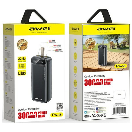 AWEI POWERBANK PA-12 30000MAH 22.5W DO TELEFONÓW NA WYPADY DŁUGIE ŁADOWANIE