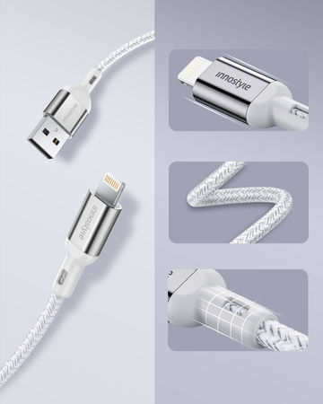 INNOSTYLE POWERFLEX KABEL USB LIGHTNING MFI SZYBKIEGO ŁADOWANIA DO IPHONE KEVLAR 2M SREBRNY