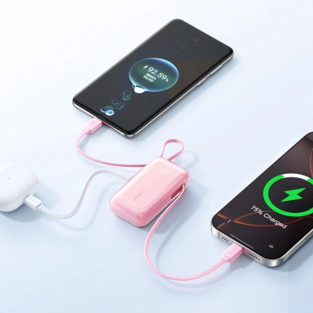 Powerbank Joyroom JR-PR2L 10000mAh 35W z wbudowanym zwijanym kablem USB-C i kablem-smyczą Lightning - różowy