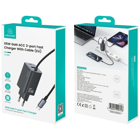 USAMS ŁADOWARKA 65W JC SERIES CC266 FAST CHARGER 2xUSB-C 1xUSB-A DO SAMSUNG