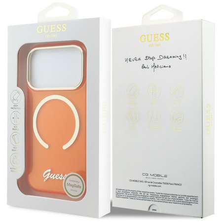 Etui Guess IML Script Metal MagSafe do   iPhone 17 Pro pomarańczowy