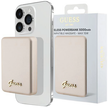 Powerbank indukcyjny Guess MagSafe Metal Script Logo 15W 5000mAh - złoty