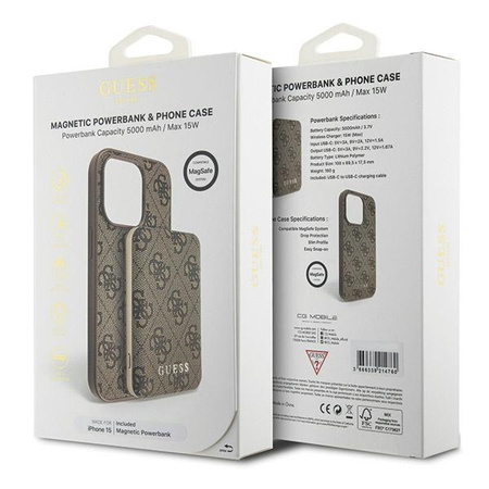 Zestaw Guess GUBPM5P15S4GEMGW iPhone15 6.1 hardcase + Powerbank 5000mAh MagSafe brązowy/brown 4G Metal Logo