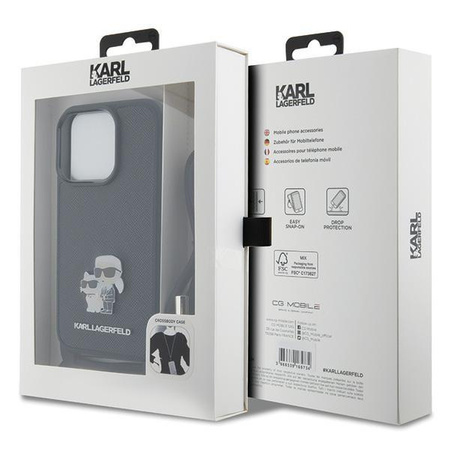Etui Karl Lagerfeld Crossbody Saffiano Metal Pin Karl & Choupette na iPhone 15 Pro - czarne