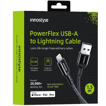 INNOSTYLE POWERFLEX KABEL USB LIGHTNING MFI SZYBKIEGO ŁADOWANIA DO IPHONE KEVLAR 2M CZARNY