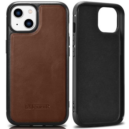 iCarer Leather Oil Wax etui pokryte naturalną skórą do iPhone 14 Plus (kompatybilne z MagSafe) brązowy (WMI14220719-BN)