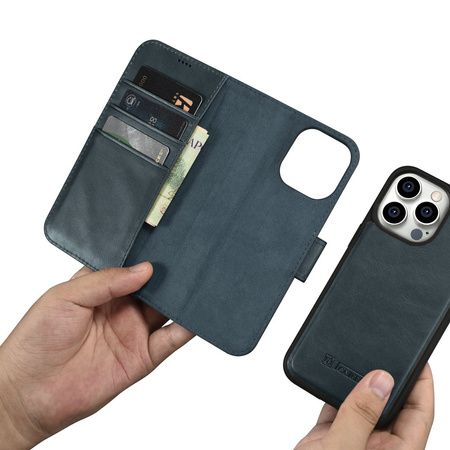 iCarer Oil Wax Wallet Case 2in1 etui iPhone 14 Pro skórzany pokrowiec z klapką Anti-RFID niebieski (WMI14220722-BU)
