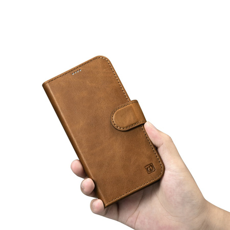iCarer Oil Wax Wallet Case 2in1 etui iPhone 14 Plus skórzany pokrowiec z klapką Anti-RFID brązowy (WMI14220723-TN)
