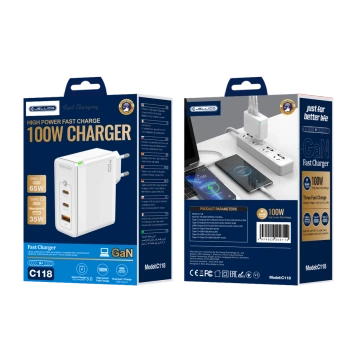 JELLICO ładowarka sieciowa C118 GaN PD 100W 2xUSB-C + 1xUSB QC3.0 Biały