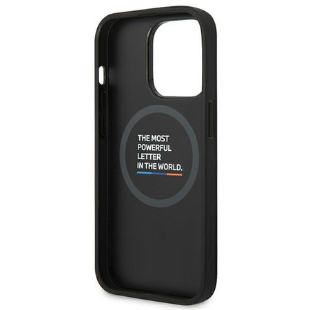 Etui BMW BMHMP14L22PTDK na iPhone 14 Pro - czarne Leather Stamp Tricolor Magsafe