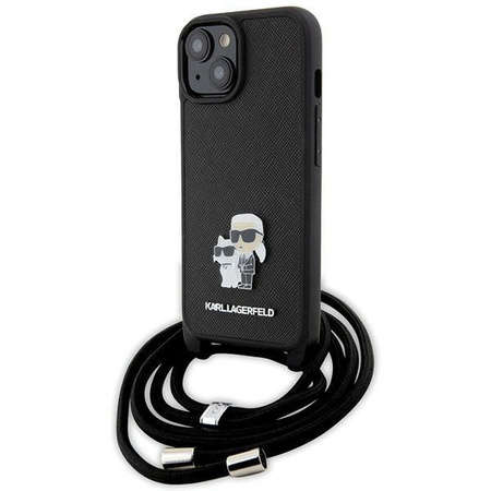 Etui Karl Lagerfeld Crossbody Saffiano Metal Pin Karl & Choupette na iPhone 15 - czarne