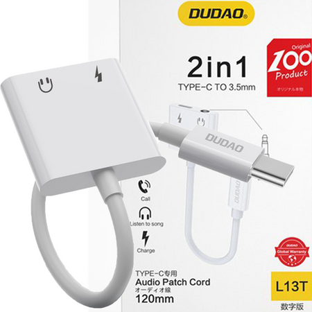 Dudao adapter przejściówka rozdzielacz słuchawkowy USB Typ C - USB Typ C / 3,5 mm mini jack biały (L13T white)