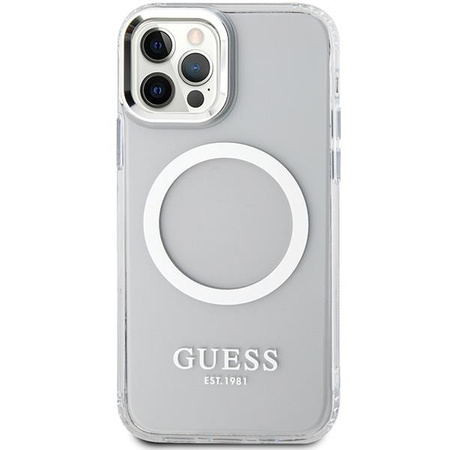 Etui Guess GUHMP12MHTRMS na iPhone 12 / iPhone 12 Pro - srebrne Metal Outline Magsafe