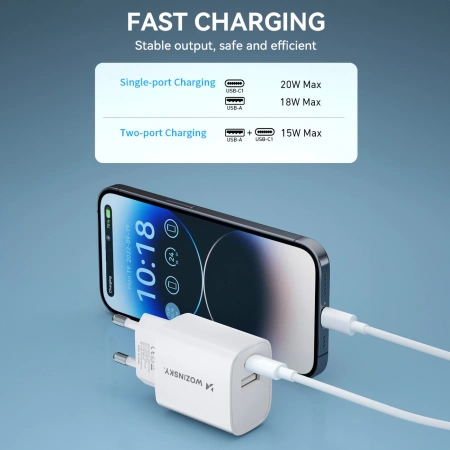 WOZINSKY ŁADOWARKA SIECIOWA USB-A USB-C 20W DO SMARTFONÓW SZYBKIE ŁADOWANIE
