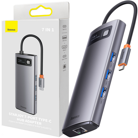 Baseus Metal Gleam Series stacja dokująca HUB 7 w 1 USB Typ C - 2 x HDMI / 3 x USB 3.2 Gen. 1 / 1 x Power Delivery / 1 x RJ-45 Ethernet szary (WKWG040113)