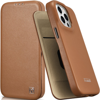 iCarer CE Premium Leather Folio Case skórzane etui iPhone 14 Pro z klapką magnetyczne MagSafe brązowy (WMI14220714-BN)