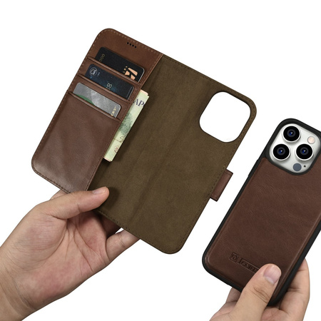 iCarer Oil Wax Wallet Case 2in1 etui iPhone 14 Pro Max skórzany pokrowiec z klapką Anti-RFID brązowy (WMI14220724-BN)