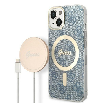 Guess zestaw ładowarka MagSafe + etui do iPhone 14 6,1" niebieskie 4G Print (GUBPP14SH4EACSB)