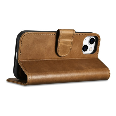 iCarer Oil Wax Wallet Case 2in1 etui iPhone 14 Plus skórzany pokrowiec z klapką Anti-RFID brązowy (WMI14220723-TN)