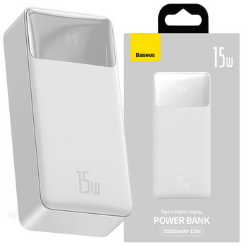 Baseus Bipow powerbank z wyświetlaczem 30000mAh 15W biały (Overseas Edition) + kabel USB-A - Micro USB 0.25m biały (PPBD050202)