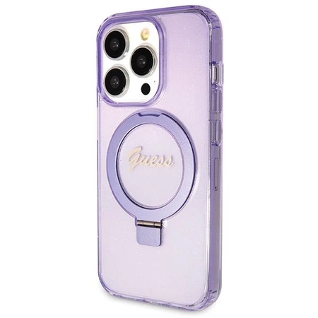 Etui Guess Ring Stand Script Glitter MagSafe na iPhone 14 Pro - fioletowe