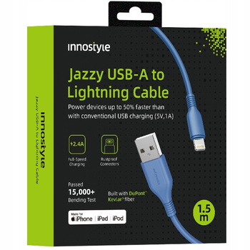 INNOSTYLE JAZZY KABEL USB LIGHTNING MFI SZYBKIEGO ŁADOWANIA DO IPHONE KEVLAR 2M NIEBIESKI