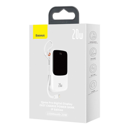 Baseus Qpow Digital Display powerbank z szybkim ładowaniem 10000mAh 20W QC/PD/SCP/FCP z wbudowanym kablem Lightning biały