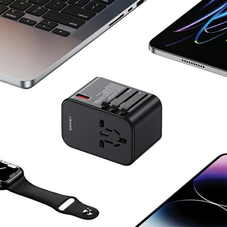 USAMS Adapter siec 1xUSB+2xUSB-C T62 65W4w1 US/AU/EU/UK czarny/black CC199TC01 (US-CC199) Univesal Travel Charger