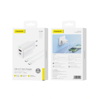 FONENG ładowarka sieciowa EU66 PD 20W 1xUSB-C + 1xUSB QC3.0 + kabel USB-C - USB-C Biały