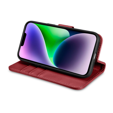 iCarer Wallet Case 2in1 etui iPhone 14 Plus skórzany pokrowiec z klapką Anti-RFID czerwony (WMI14220727-RD)