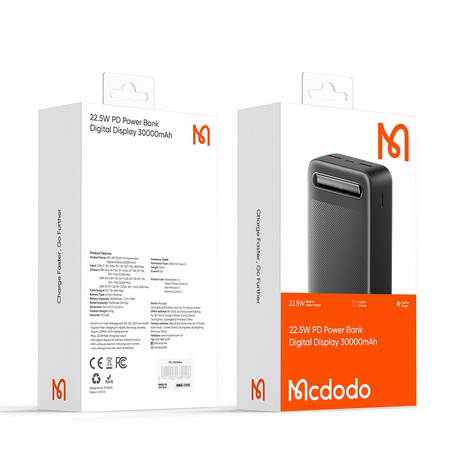 MCDODO POWERBANK 30000MAH Z WYŚWIETLACZEM 3X USB USB-C 22,5W + KABEL USB-C