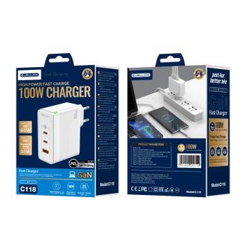 JELLICO ładowarka sieciowa C118 GaN PD 100W 2xUSB-C + 1xUSB QC3.0 + kabel USB-C - Lightning Biały