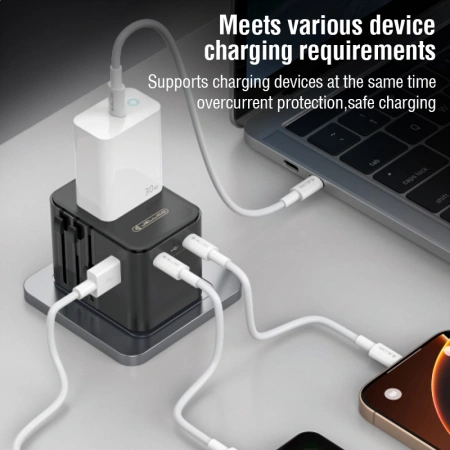 JELLICO uniwersalny adapter podróżny S9 PD 2xUSB-C + 1xUSB 3.4A Max 2500W Czarny