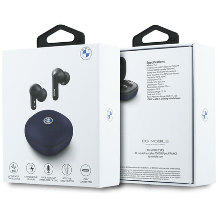 Słuchawki Bluetooth TWS BMW Leather      Metal Logo ENC granatowy