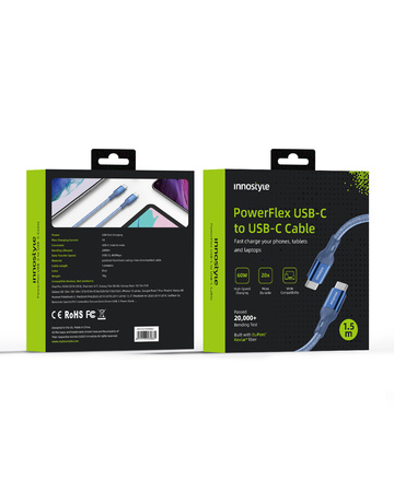 INNOSTYLE POWERFLEX KABEL USB-C SZYBKIE ŁADOWANIE DO IPHONE SAMSUNG 3A 60W KEVLAR 2M NIEBIESKI