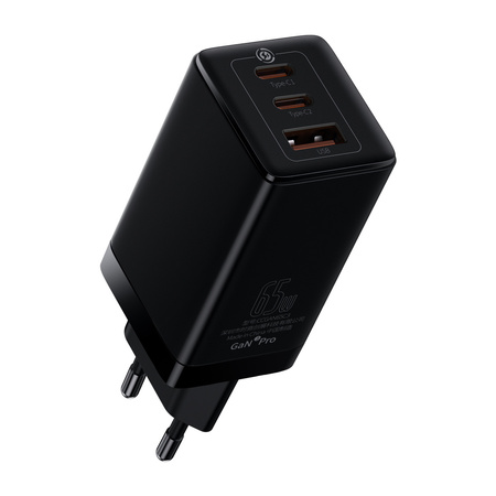Baseus GaN3 Pro szybka uniwersalna ładowarka sieciowa GaN 2 x USB Typ C / USB 65W PD3.0, QC4.0+, AFC czarny + kabel USB Typ C - USB Typ C 1m (CCGP050101)