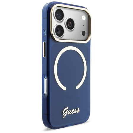 Etui Guess IML Script Metal MagSafe do iPhone 17 Pro Max niebieski