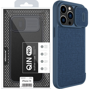 Nillkin Qin Cloth Pro Case etui do iPhone 14 Pro osłona na aparat kabura pokrowiec obudowa z klapką niebieski