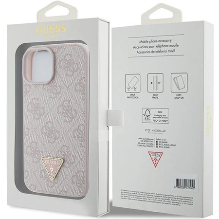 Etui Guess Leather 4G Triangle Strass do iPhone 15 - różowe