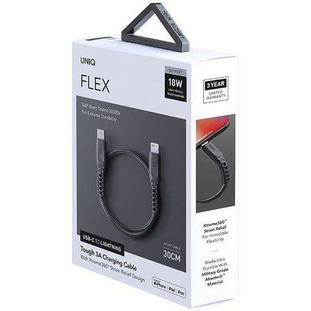 Etui Uniq Kabel Flex USB-C-Lightning 18W nylonowy 30cm - szare