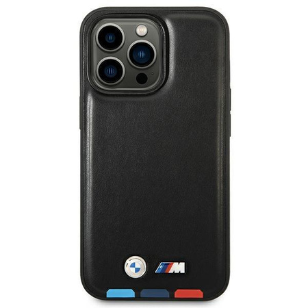 Etui BMW BMHMP14L22PTDK na iPhone 14 Pro - czarne Leather Stamp Tricolor Magsafe