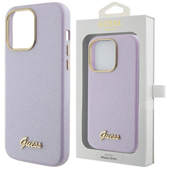 Etui Guess Glitter Glossy Script do iPhone 15 Pro - liliowe